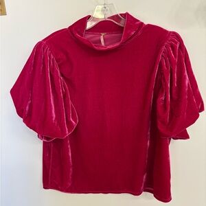 Free People Velvet Puff Sleeve Blouse - Claudia Top Deep Pink